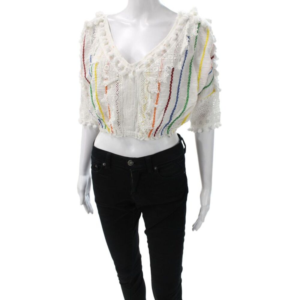 Place Nationale Women Cropped Striped V-Neck 3/4 Sleeve Cotton Blouse Size 1